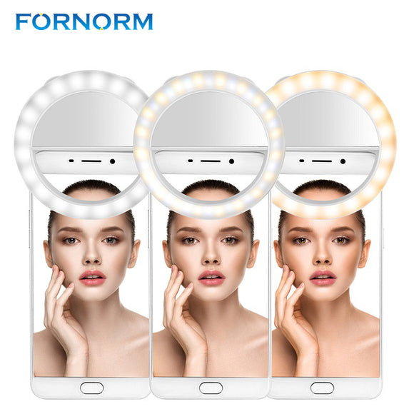 FORNORM Rechargeable Dual Color Selfie Ring Light W/Mirror Clip